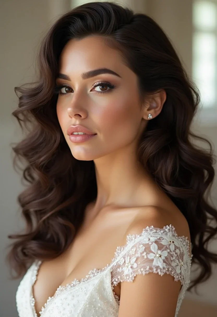 Bride with glamorous Hollywood curls.