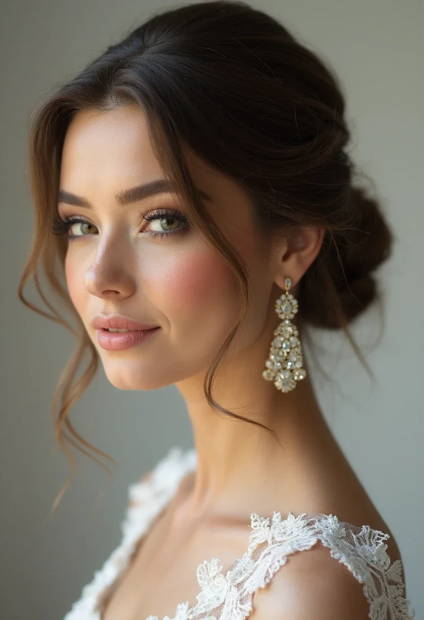 Bride with a sophisticated low bun and earrings.