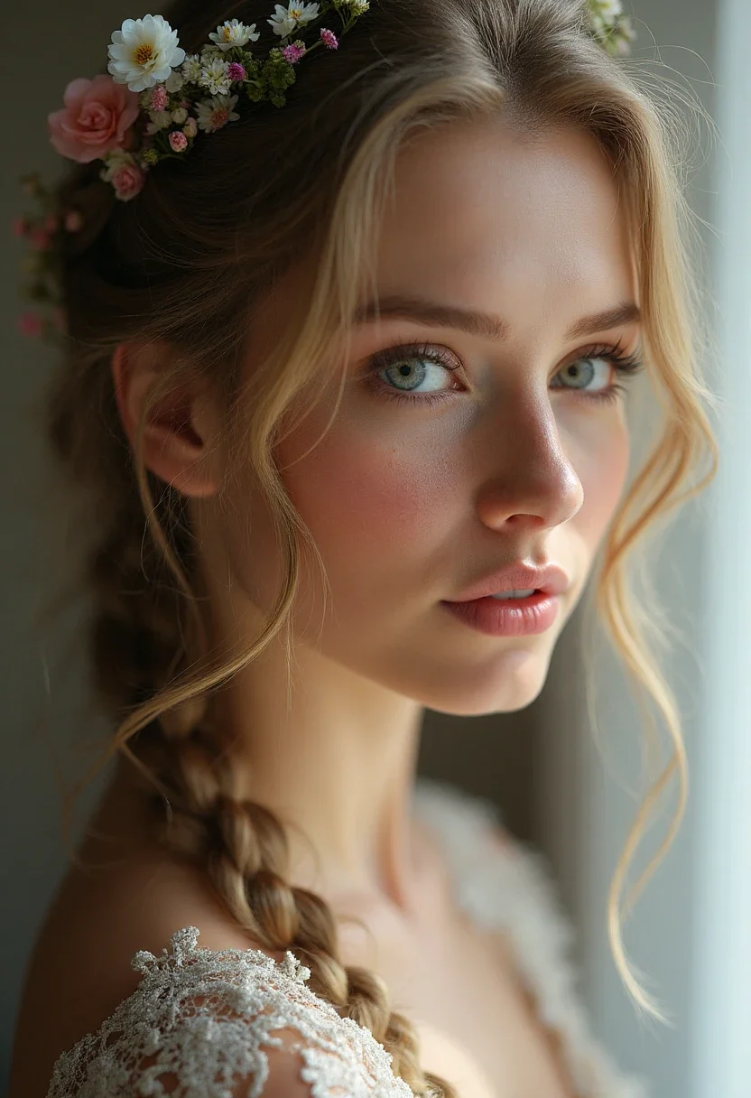 Bride with boho braids and floral accents.