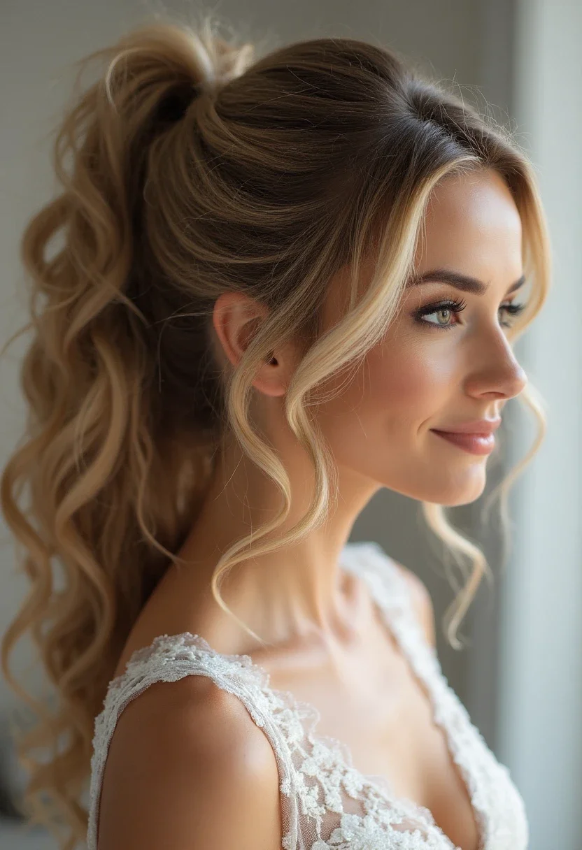Bride with a chic ponytail hairstyle.