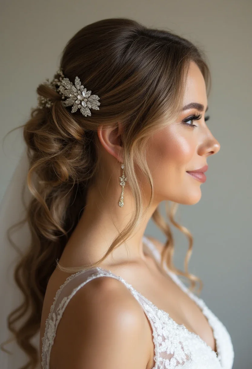Bride with a half-up half-down hairstyle.