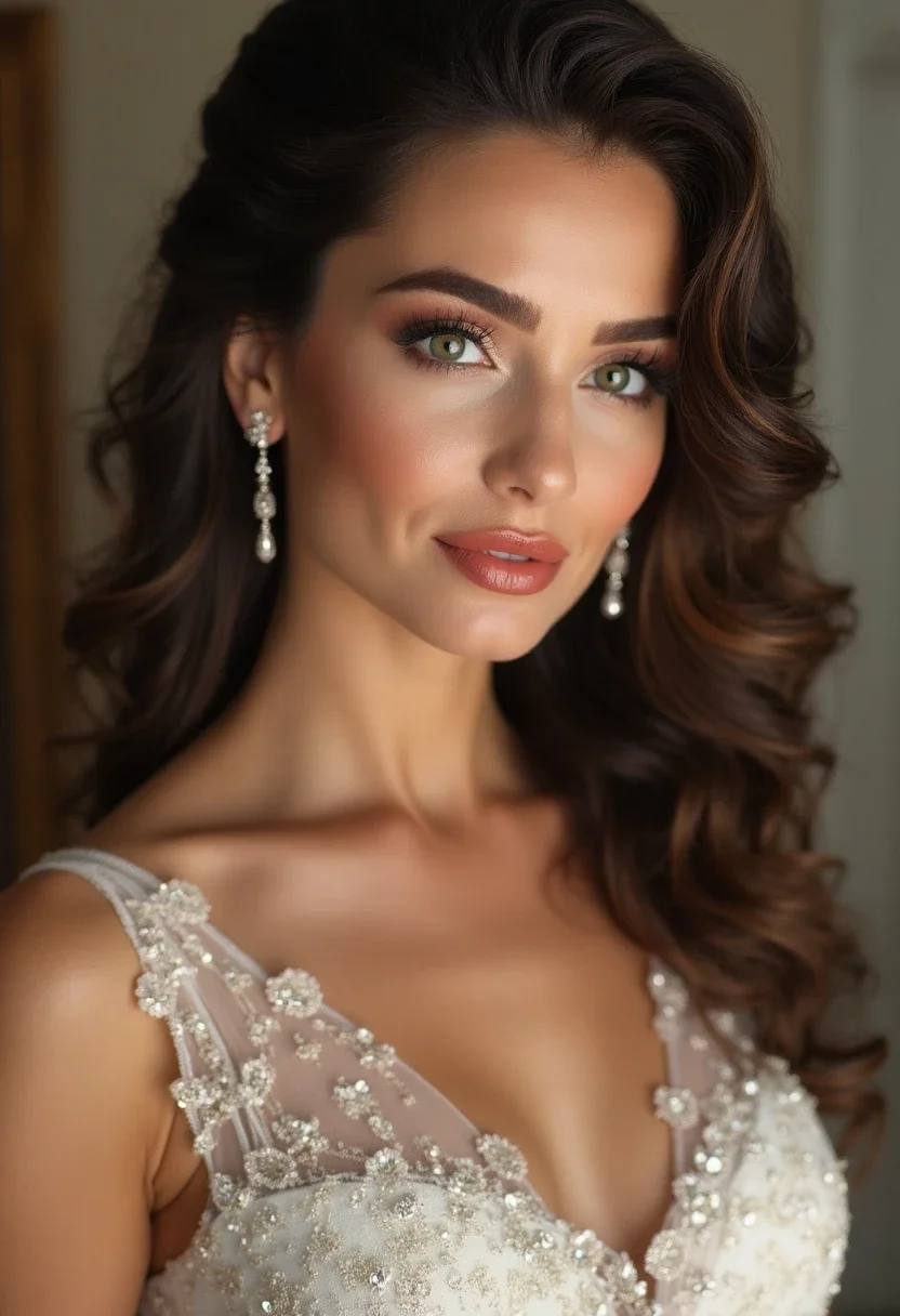 Bridesmaid with glamorous Hollywood curls.