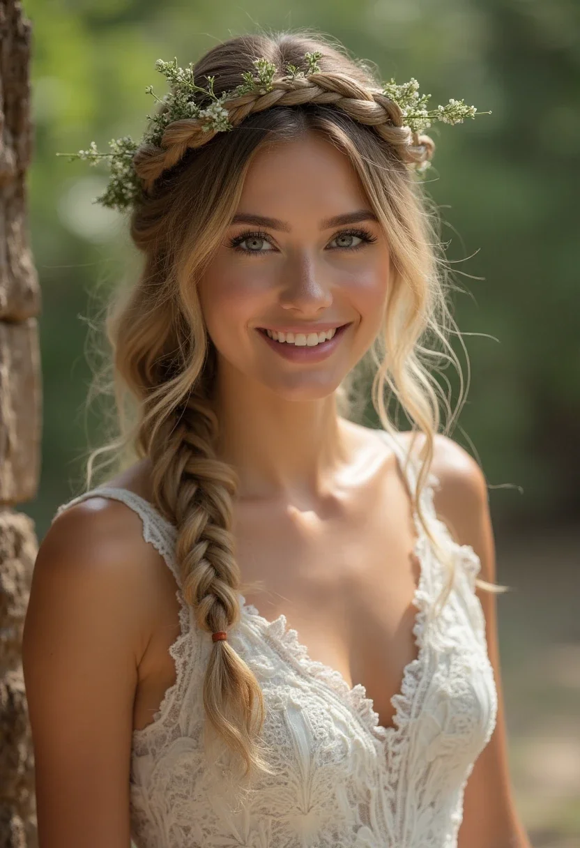 Bridesmaid with a braided crown in a rustic setting.