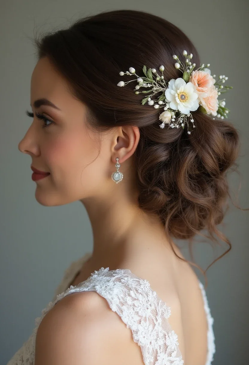 Bridesmaid with a half-up half-down hairstyle.