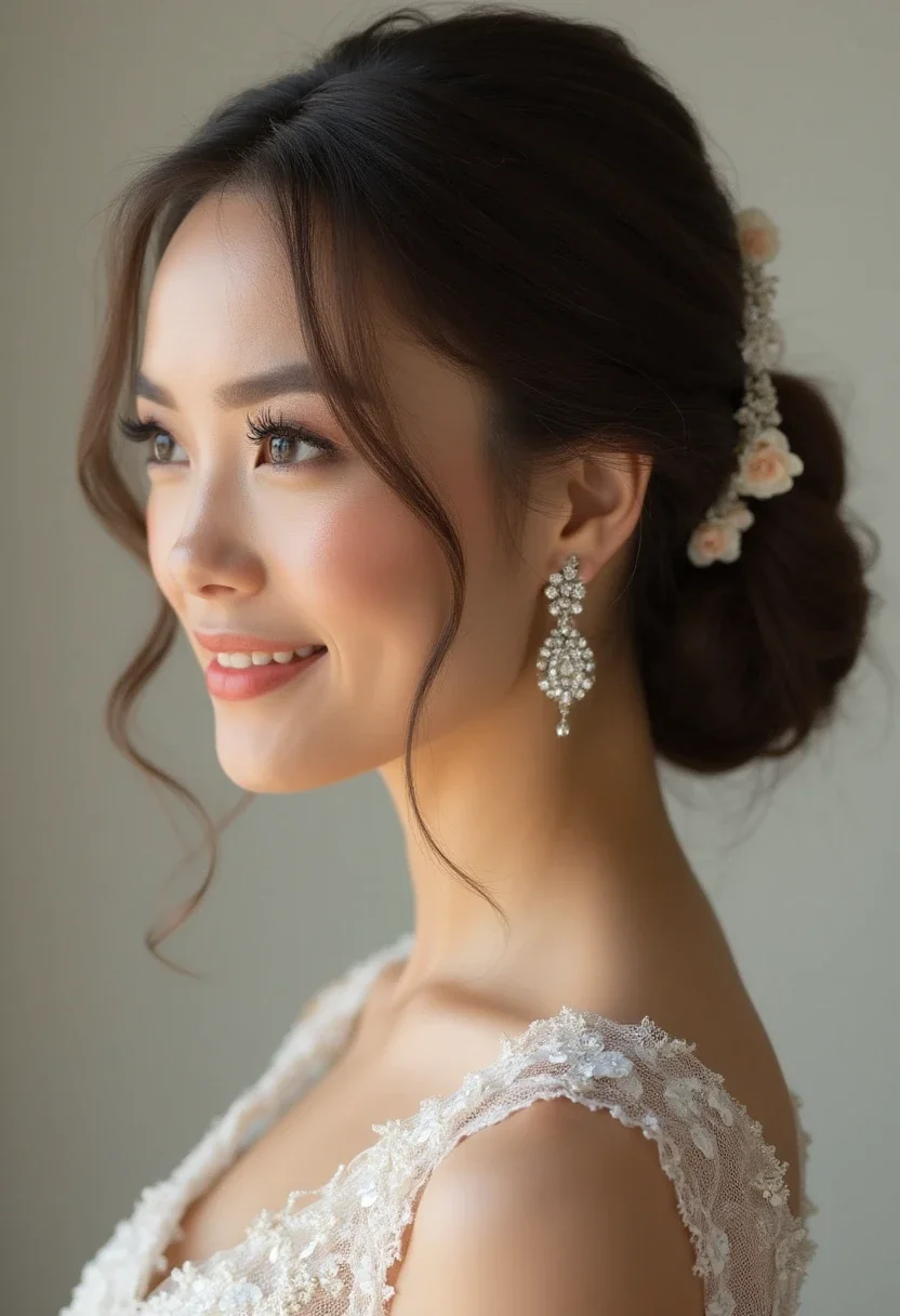 Bridesmaid with a side bun hairstyle.