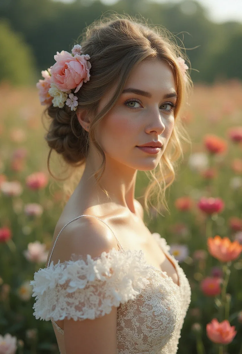 Bridesmaid with floral hair accessories.