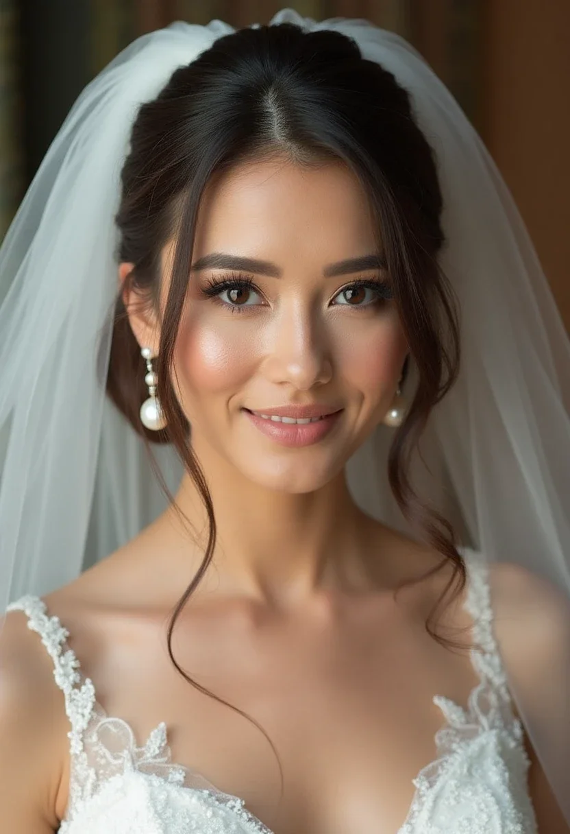 Bride wearing a sleek bob hairstyle with a veil and pearl earrings.