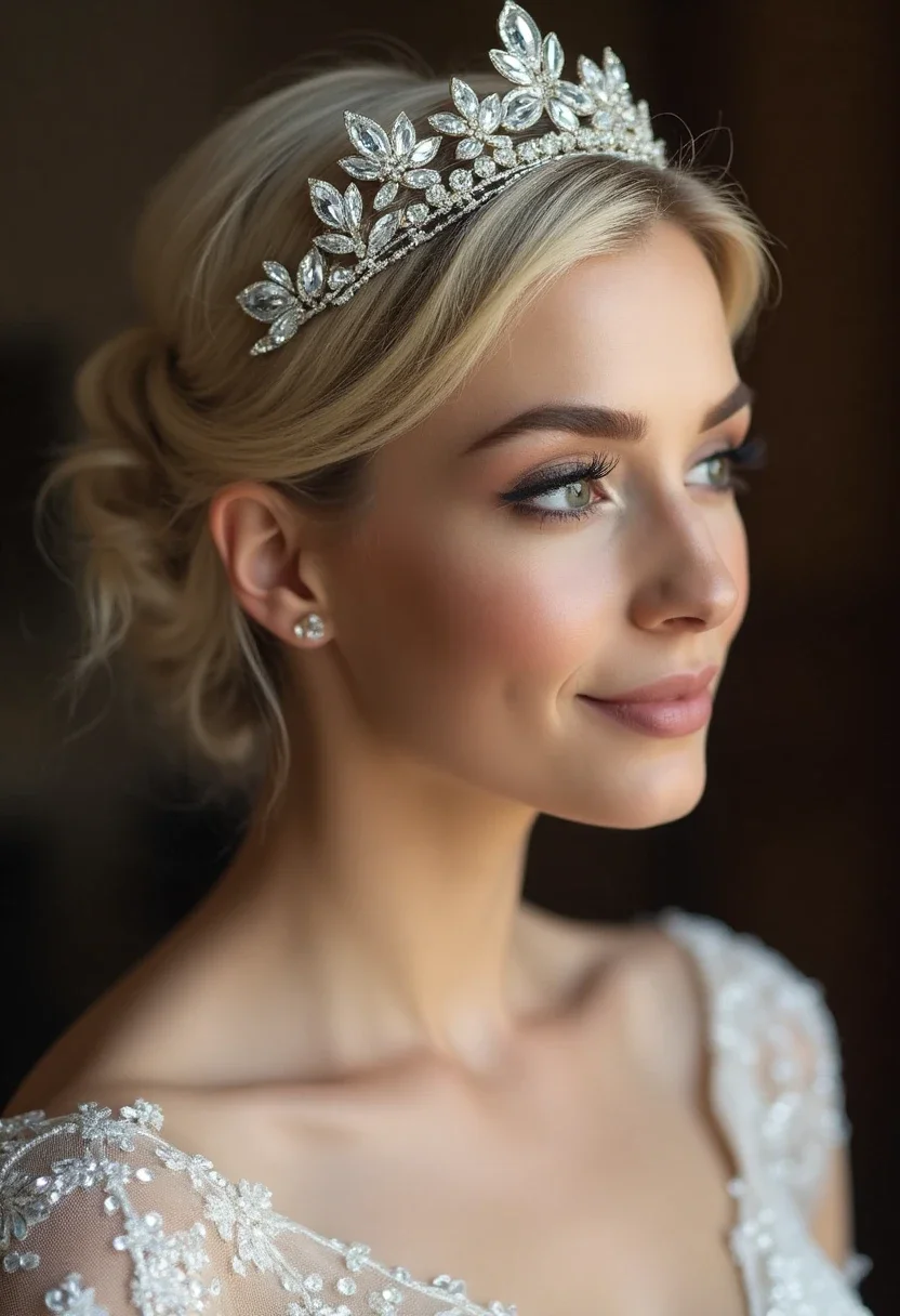 Bride with an accessorized pixie hairstyle, featuring jeweled hairpins.