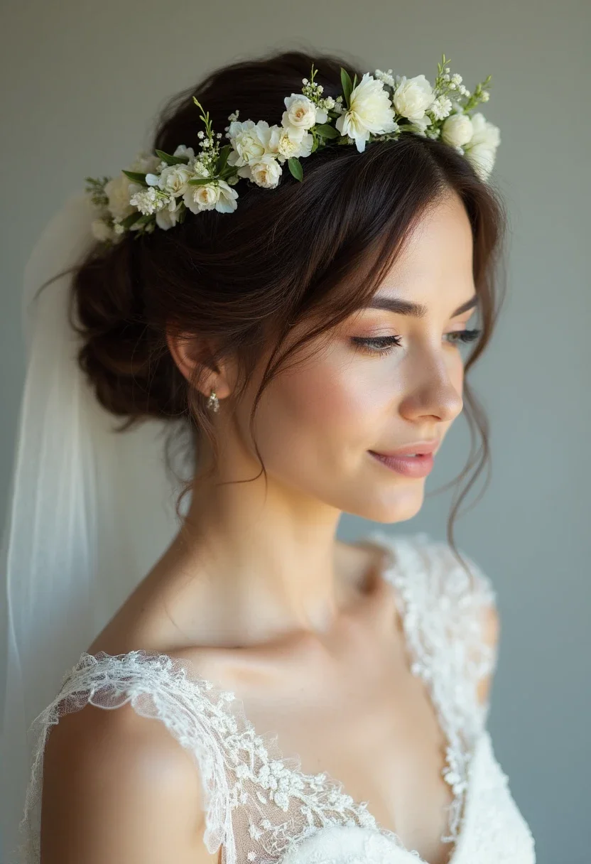 Bride with a messy bun hairstyle, wearing a floral crown.
