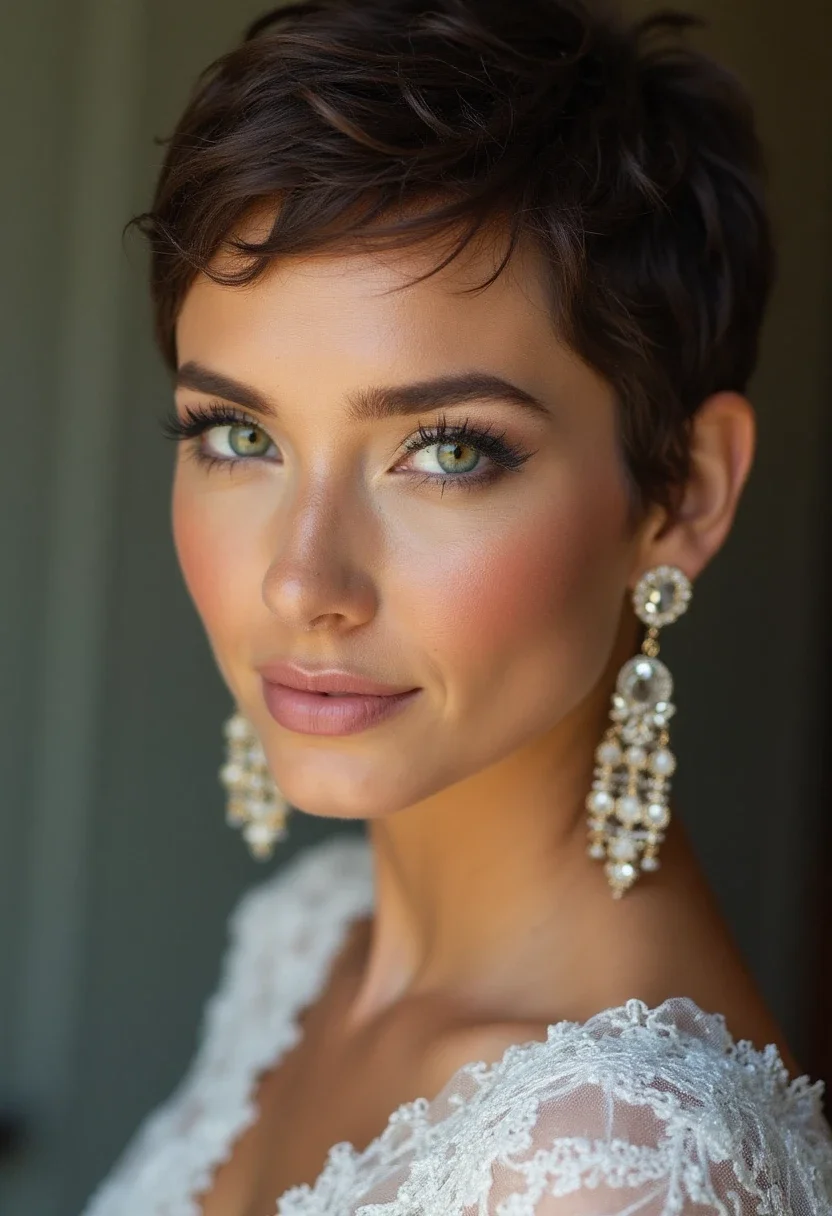 Bride with a pixie cut featuring twists and braids, adorned with bold makeup.