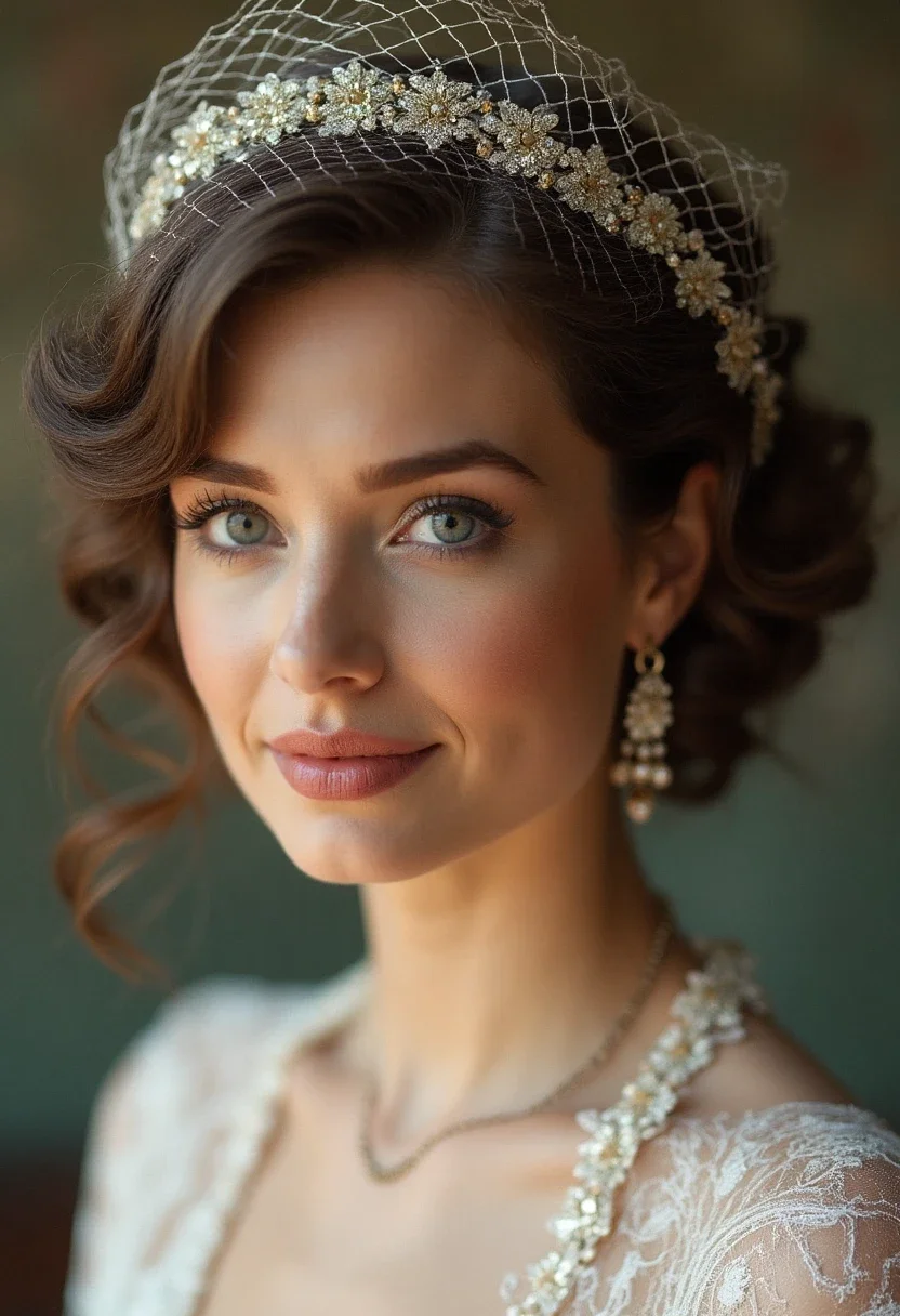 Bride with vintage waves hairstyle, adorned with a birdcage veil.