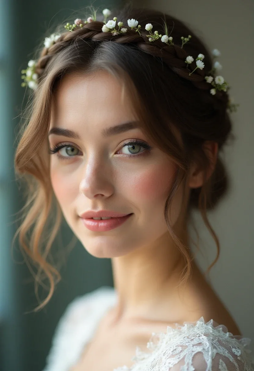Bride with a braided crown hairstyle, featuring floral accents and pins.