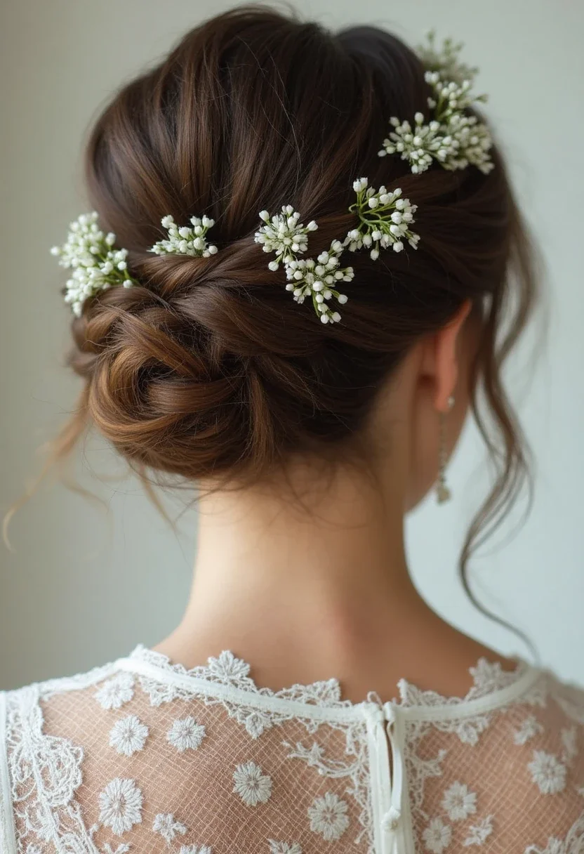 Bride with short hair featuring floral accents woven into a braid.