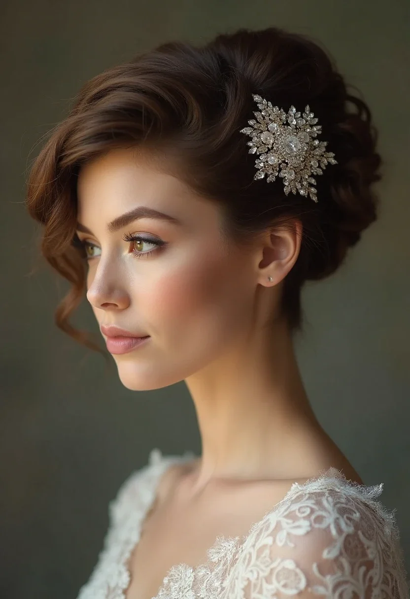 Bride with a textured updo, wearing a jeweled hair comb.