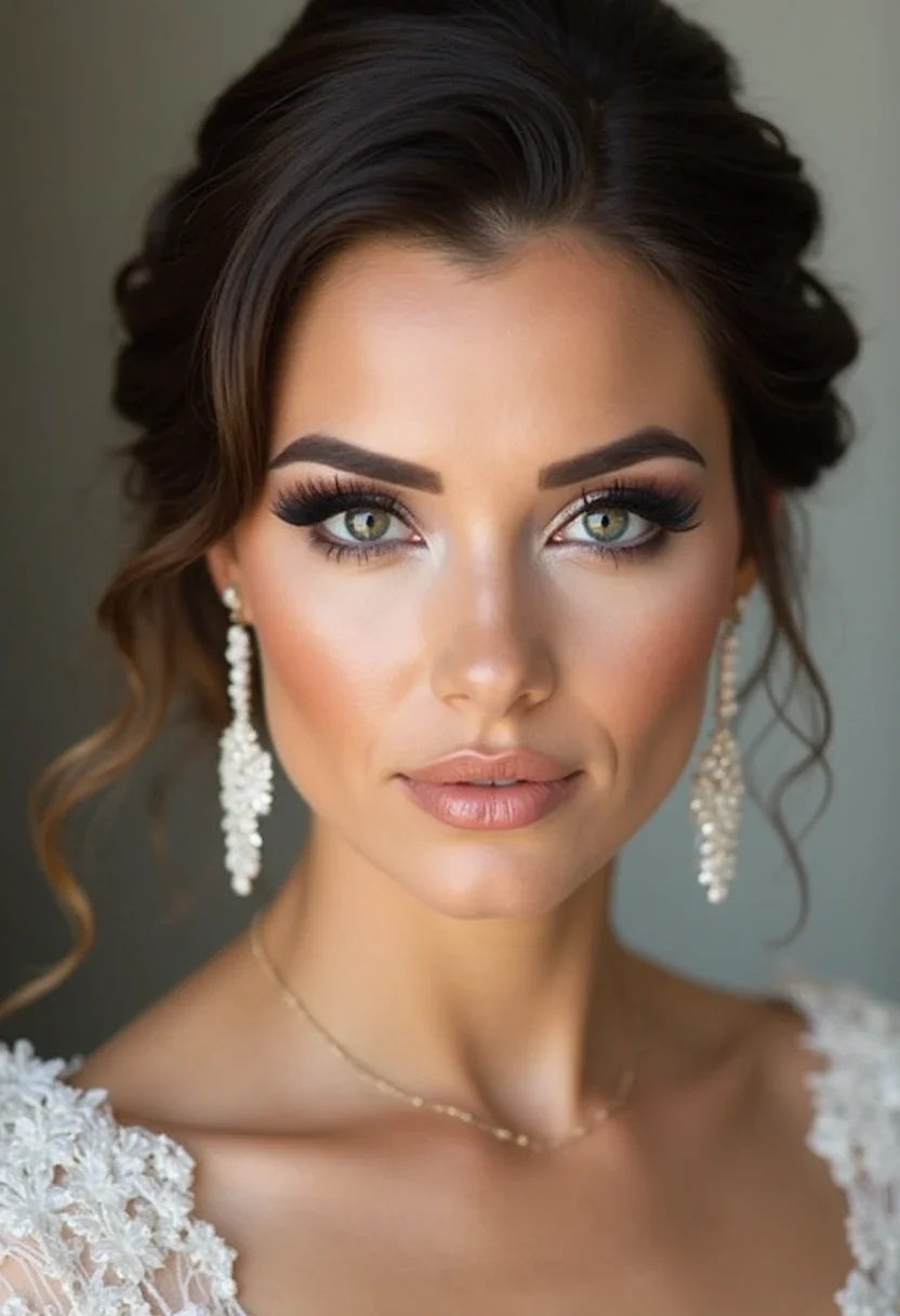 Bride with a half-up bouffant hairstyle, featuring chandelier earrings.
