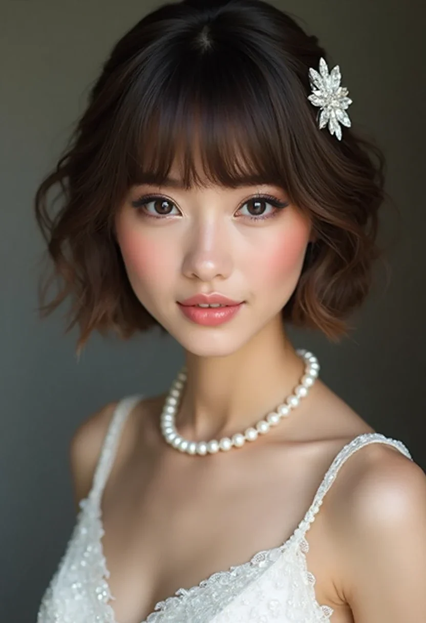 Bride with side-swept bangs hairstyle, wearing a decorative pin.