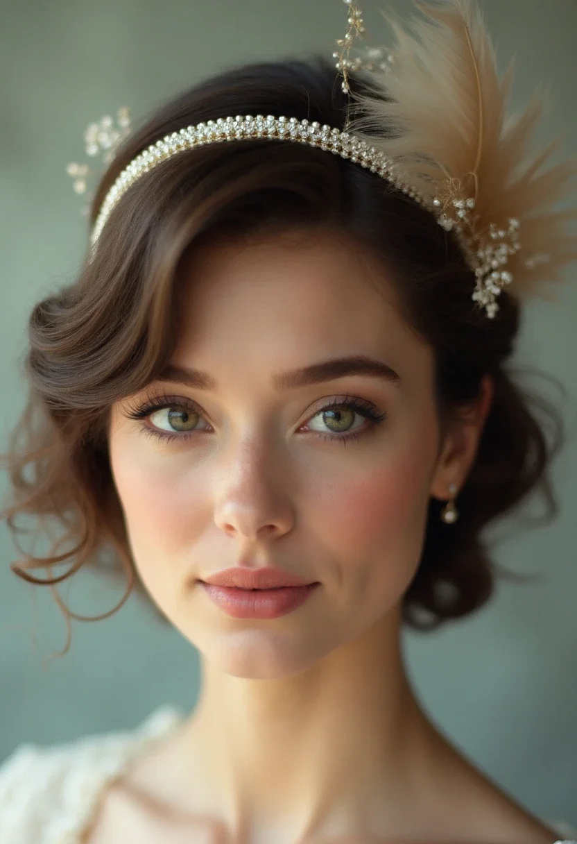 Bride with finger waves hairstyle, adorned with a beaded headband.