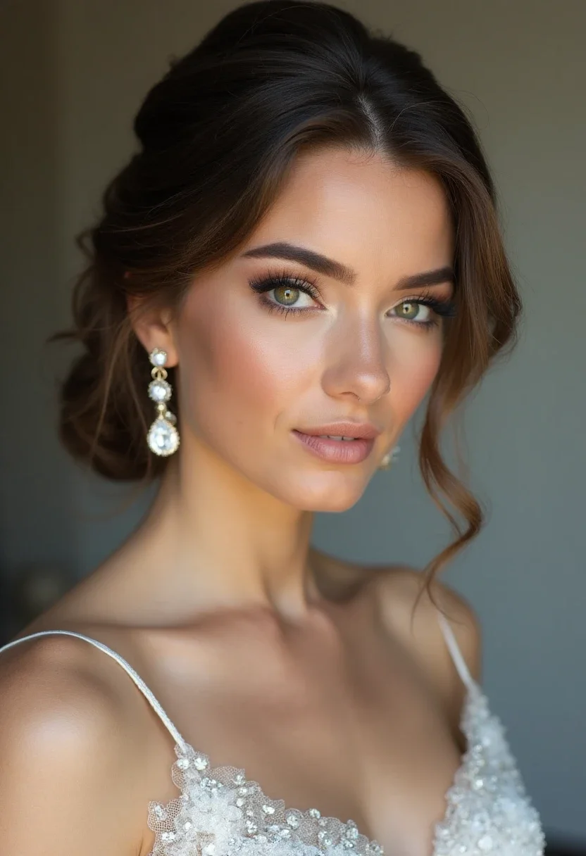 Bride with a low bun and statement earrings.