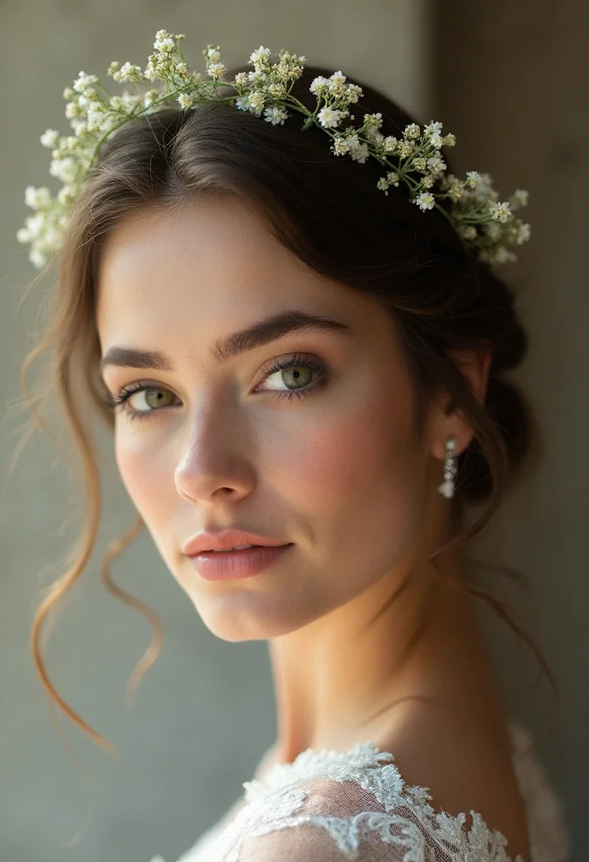 Bride with a braided crown and floral embellishments.