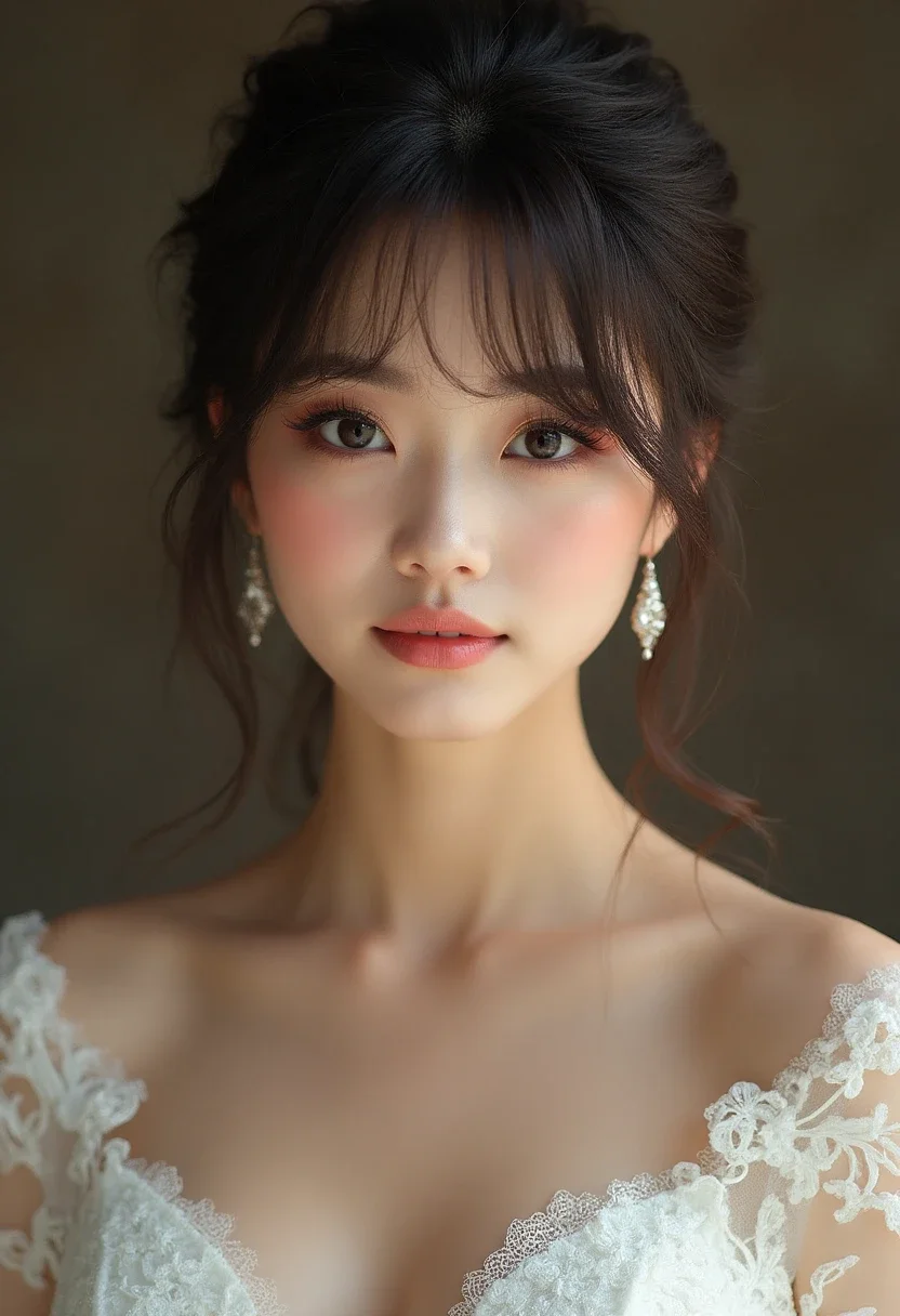 Bride with side-swept bangs and delicate earrings.
