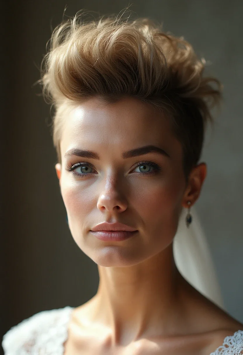 Bride with a modern faux hawk hairstyle.