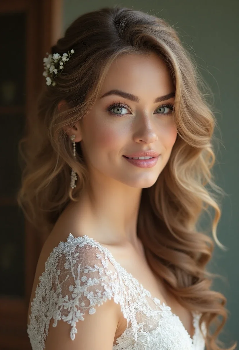 Bride with soft curled ends hairstyle.