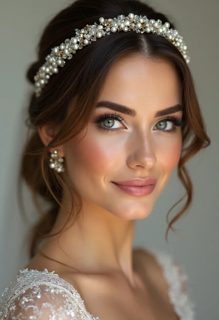 Bride with a glamorous headband and embellished hairstyle.