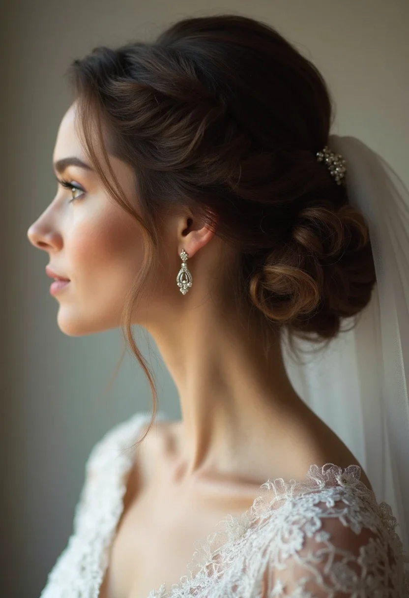 Bride with textured low bun and veil