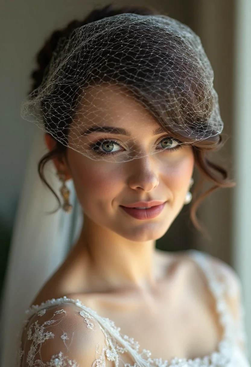 Bride with short hair and birdcage veil