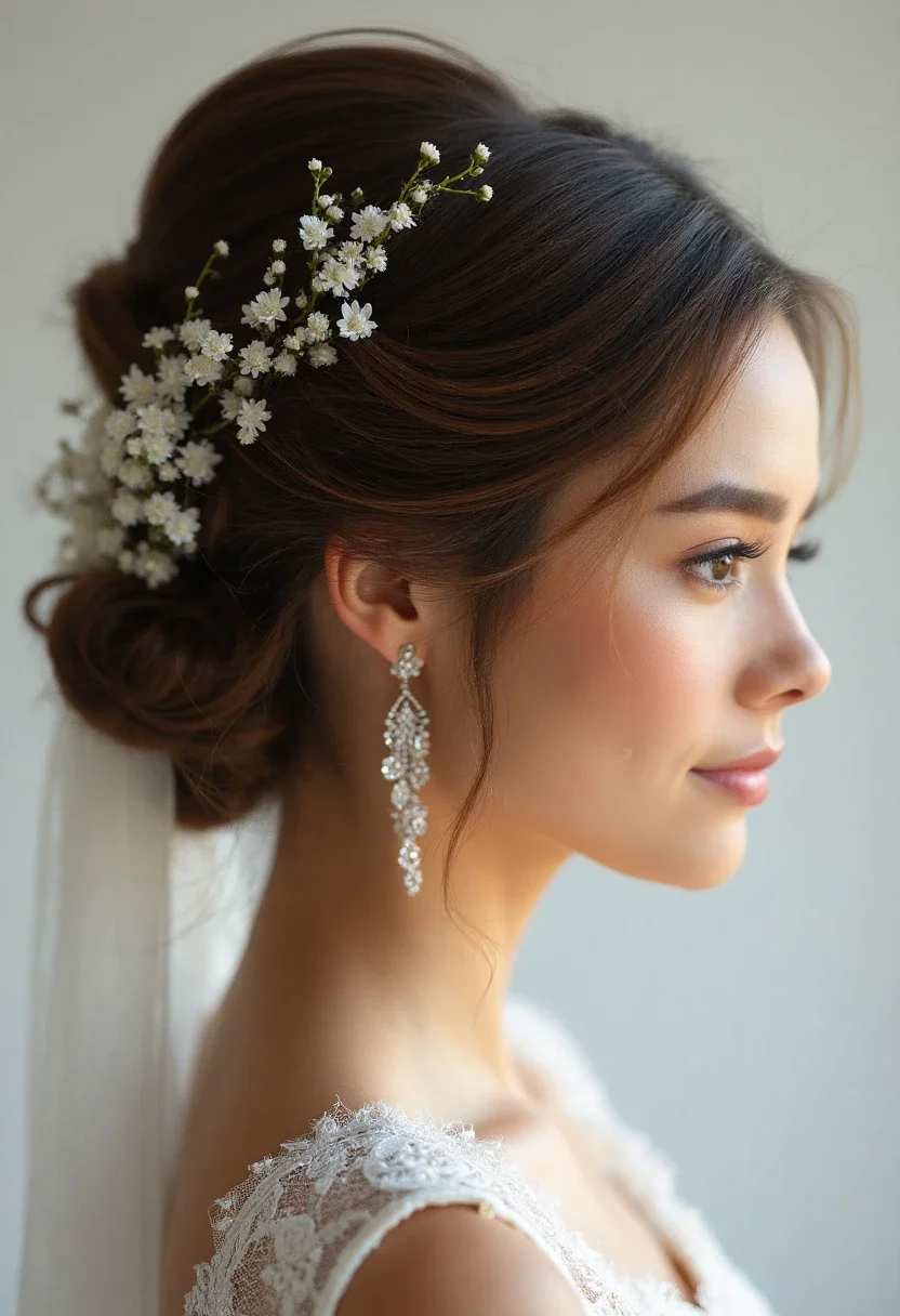 Bride with elegant updo, floral accents, and veil