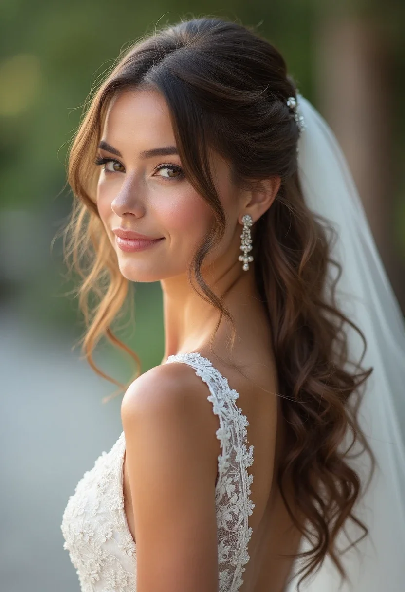 Bride with half-up half-down hairstyle and veil