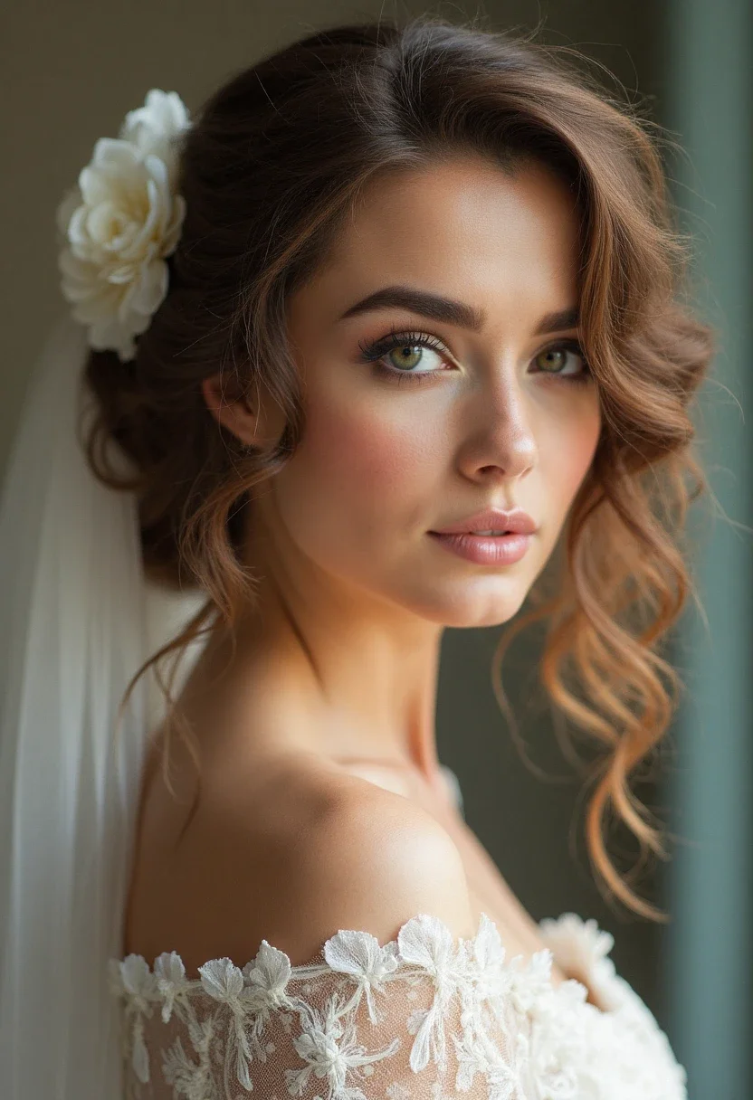 Bride with vintage-inspired curls and veil
