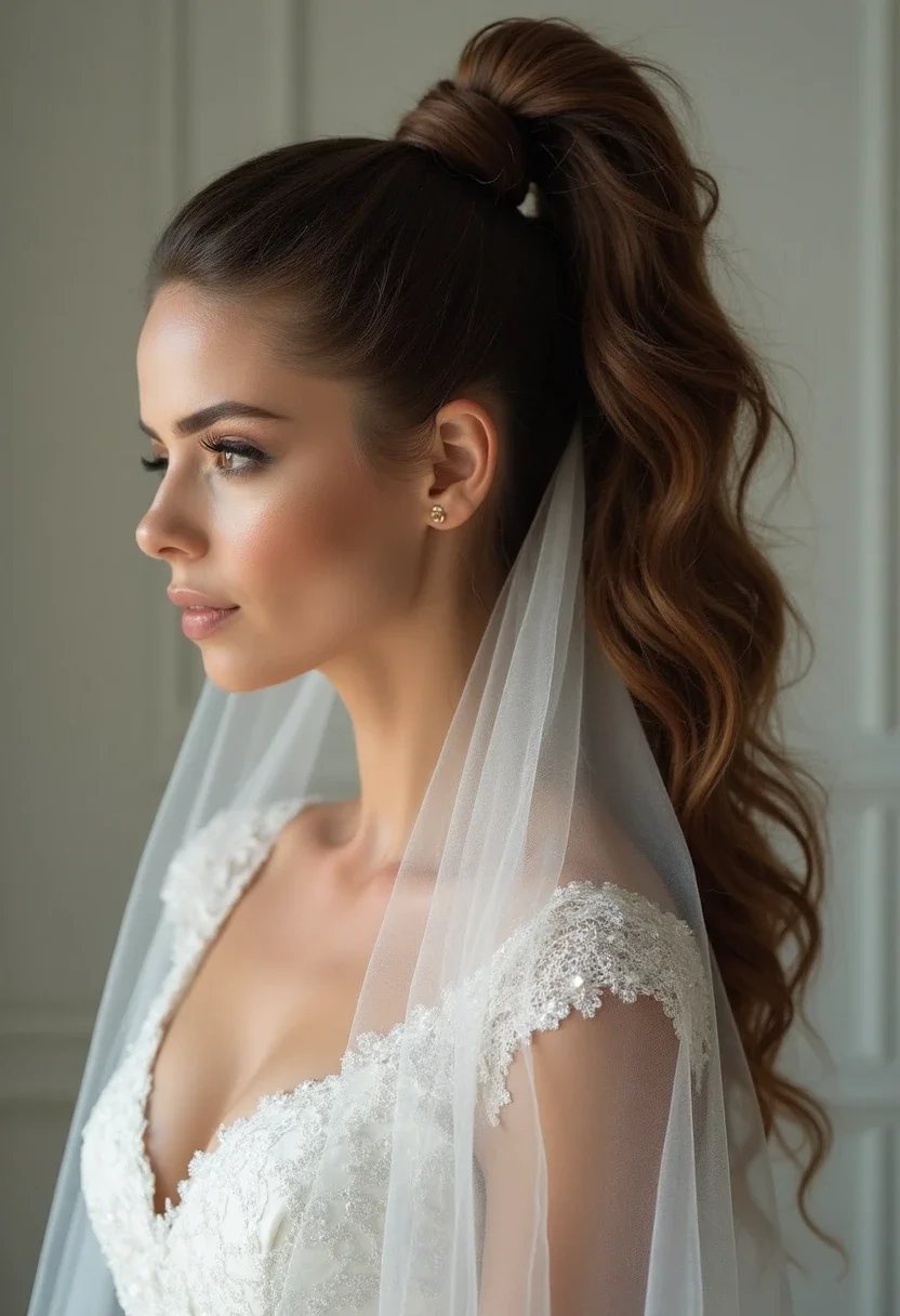 Bride with modern ponytail and veil