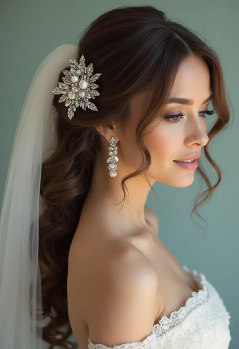 Bride with side-swept hairstyle and veil