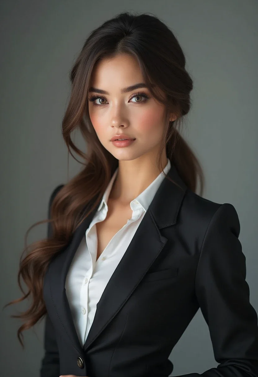 Woman with a sleek low ponytail in a business suit.