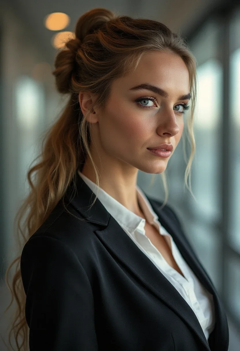 Woman with a classic French twist hairstyle in formal attire.