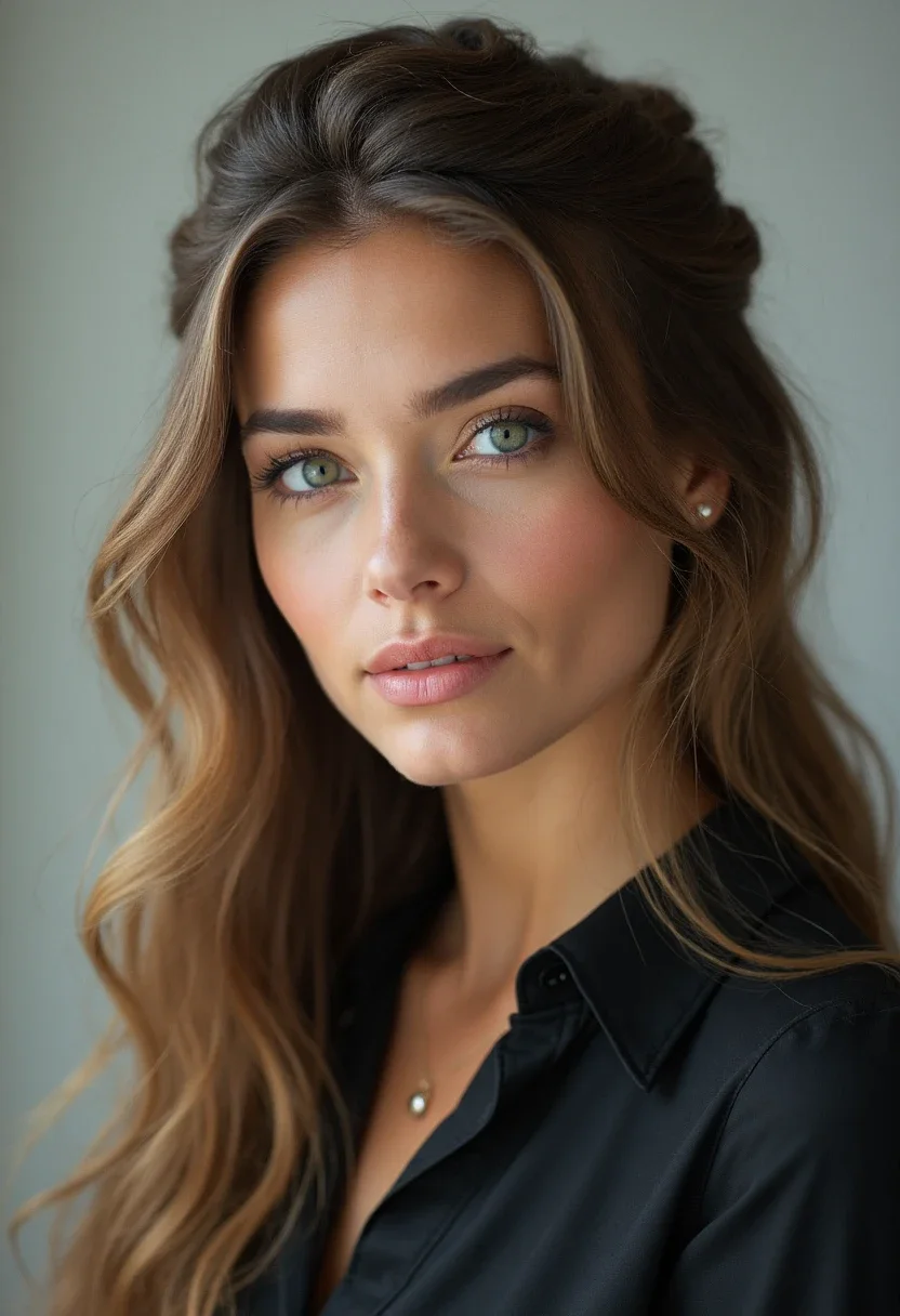 Woman with a twisted halo hairstyle in a professional blouse.