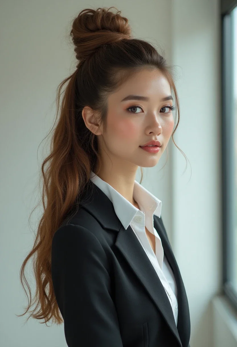 Woman with a modern top knot hairstyle in a business casual outfit.