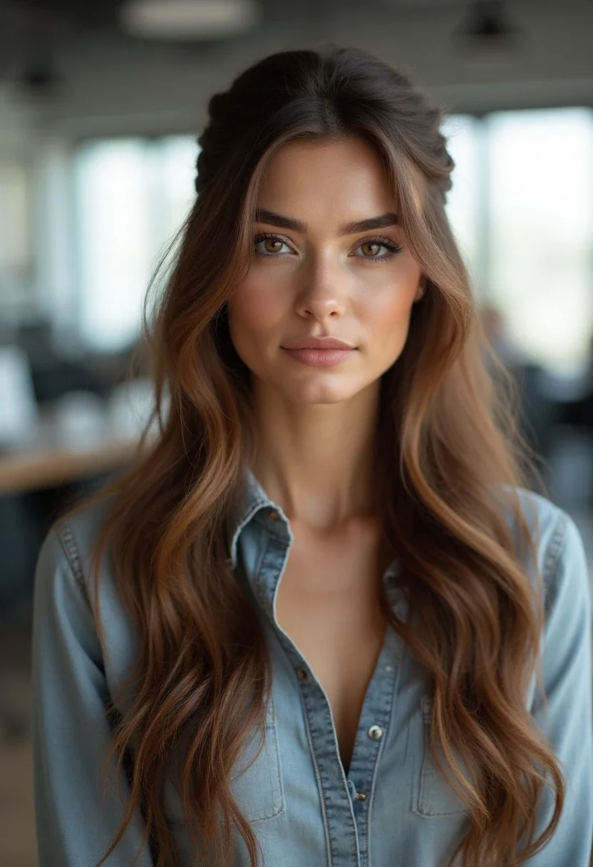 Woman with a half-up, half-down hairstyle in a casual office.