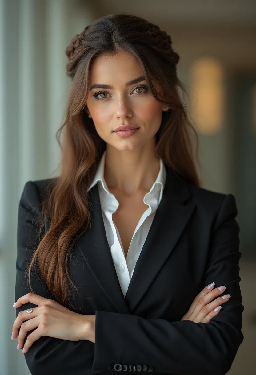 Woman with a braided crown hairstyle in a stylish office dress.