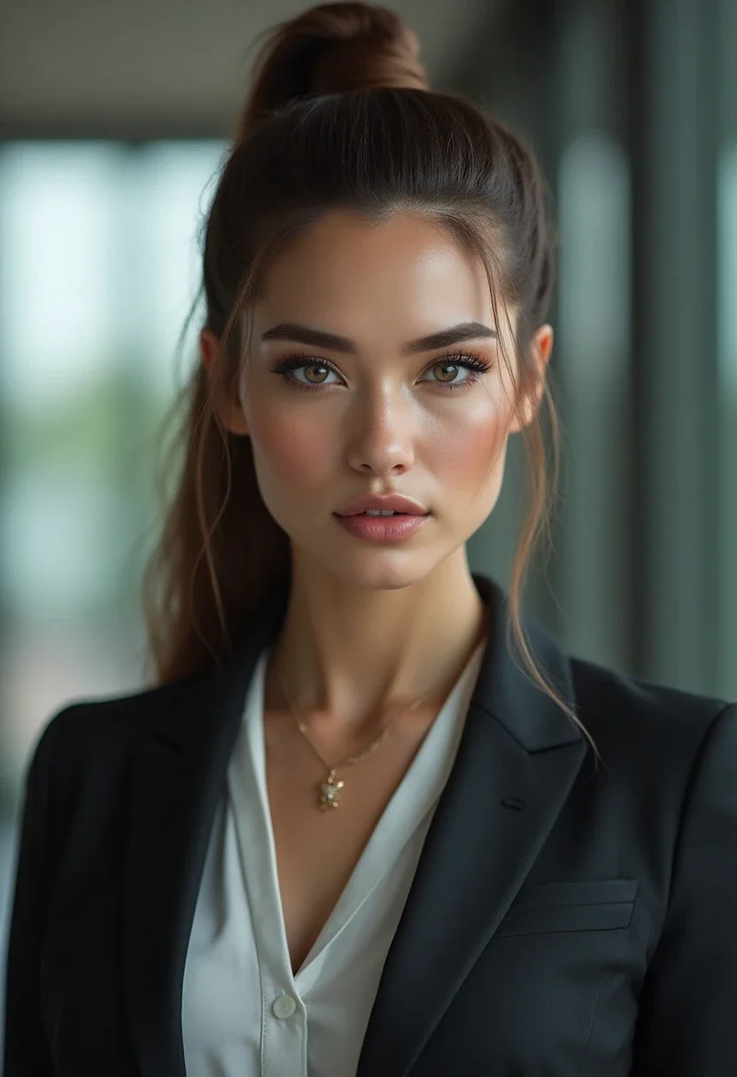 Woman with a high bun hairstyle in a modern business suit.