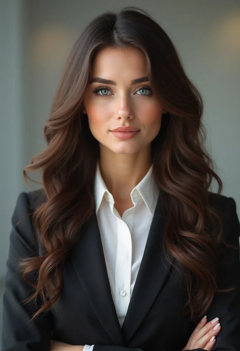 Woman with side swept curls in formal office attire.