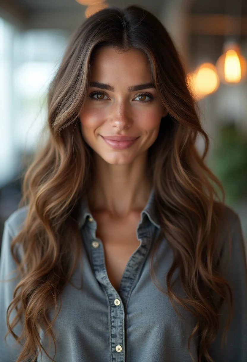 Woman with loose waves hairstyle in a casual work environment.